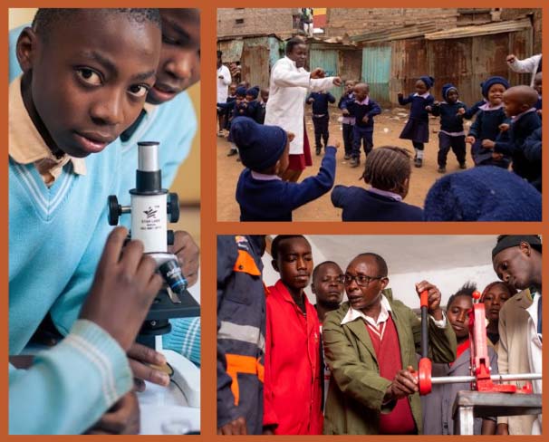 collage of images from KCEF schools with student using a microscope, a classroom and a teacher leading a lesson